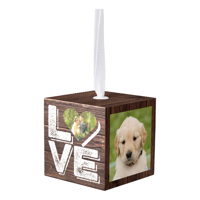 Love Rustic Woodland Photo Heart Frame Monogram Cube Ornament (Back Angled)