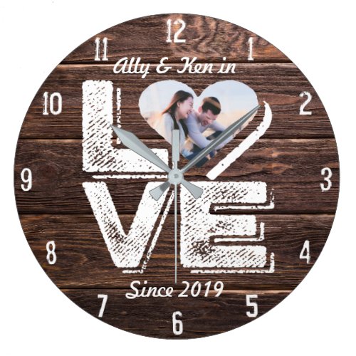Love Rustic Woodland Photo Heart Frame Monogram Large Clock