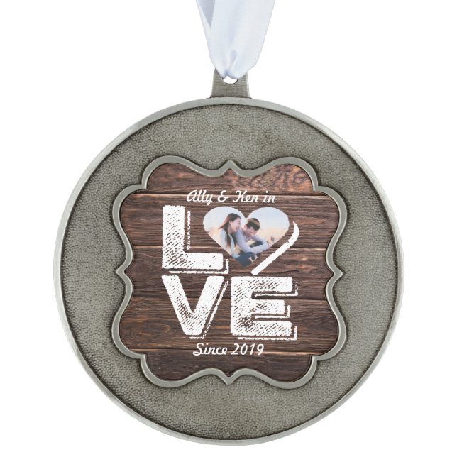 Love Rustic Woodland Photo Heart Frame Monogram Ornament (Front)