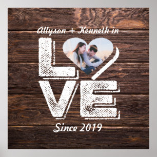 Love Rustic Woodland Photo Heart Frame Monogram Poster