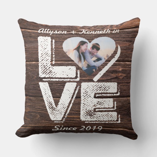 Love Rustic Woodland Photo Heart Frame Monogram Throw Pillow (Front)