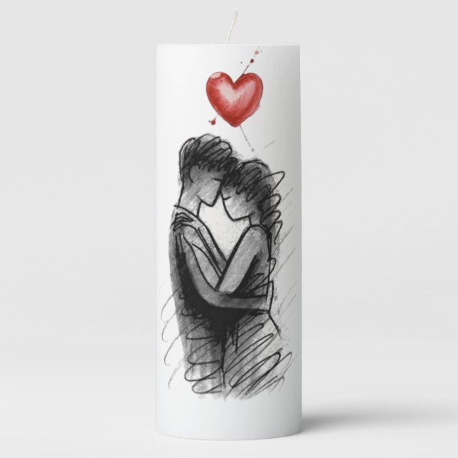 Love’s Embrace Sketch | Romantic Wedding Unity  Pillar Candle (Front)