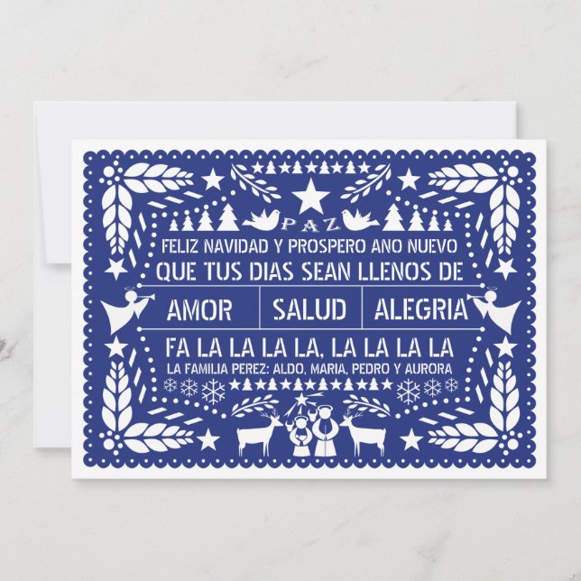 Love, salud, cheeked blue Christmas paper Holiday Card (Front)