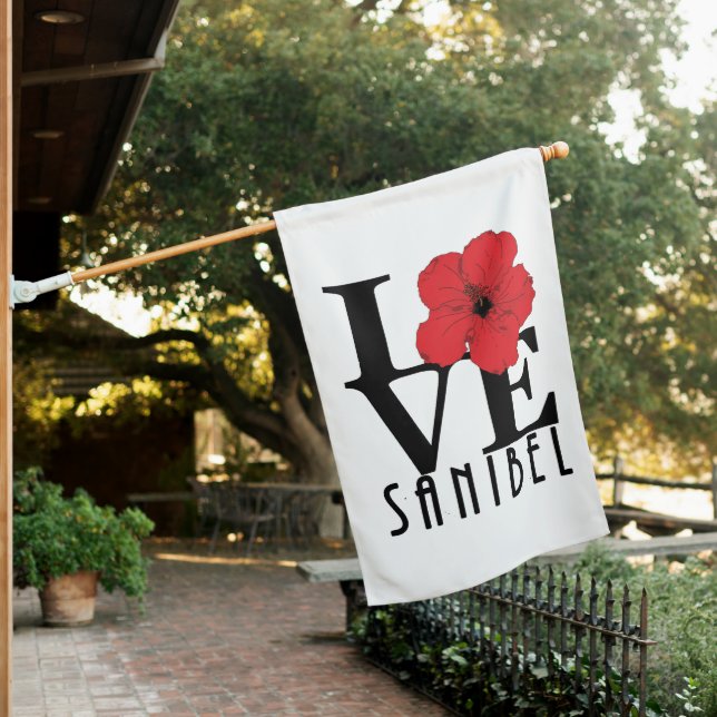 LOVE Sanibel Red Hibiscus  House Flag (In SItu)