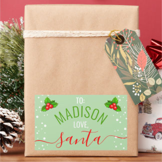 "Love, Santa" Custom Name Sage Green Holiday Rectangular Sticker