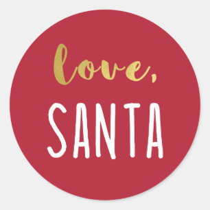 Love, Santa Faux Gold Typography on Red Classic Round Sticker