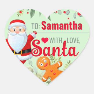 "Love, Santa" Gingerbread Custom Green Christmas Heart Sticker