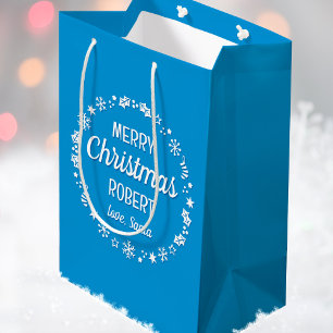 Love Santa Merry Christmas Custom Name Blue Medium Gift Bag