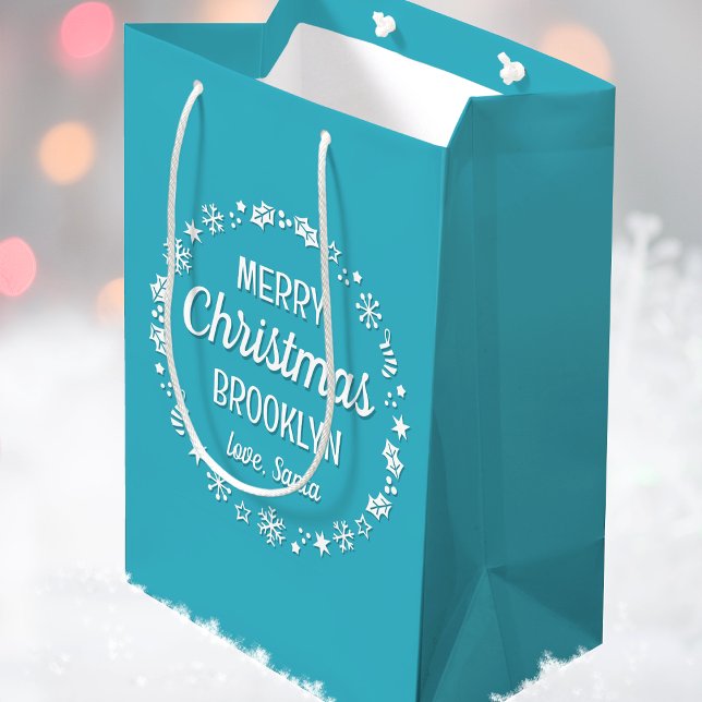 Love Santa Merry Christmas Custom Name Teal Medium Gift Bag (Creator Uploaded)