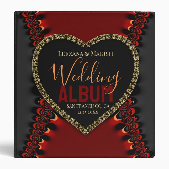 Love Satin Red+ Black Fractal Lace Wedding Album 3 Ring Binder (Front)