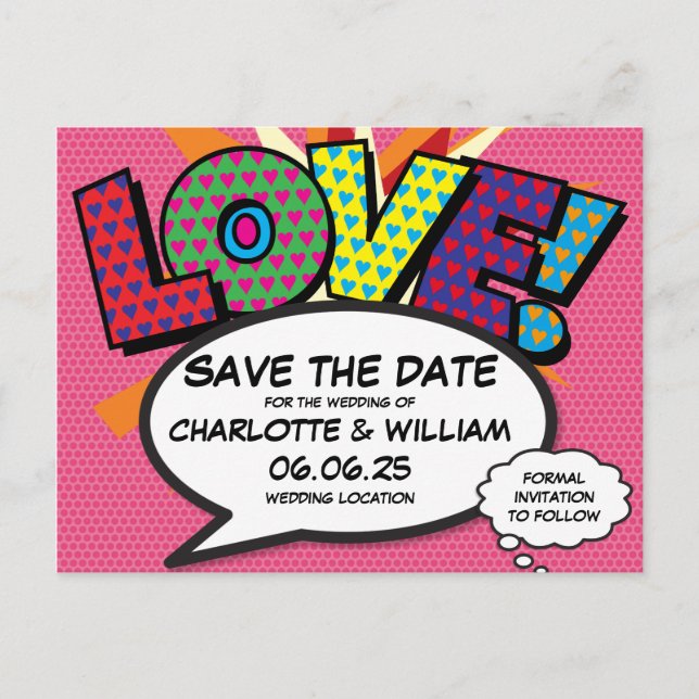 LOVE Save the Date Fun Retro Comic Book Pop Art Announcement Postcard (Front)