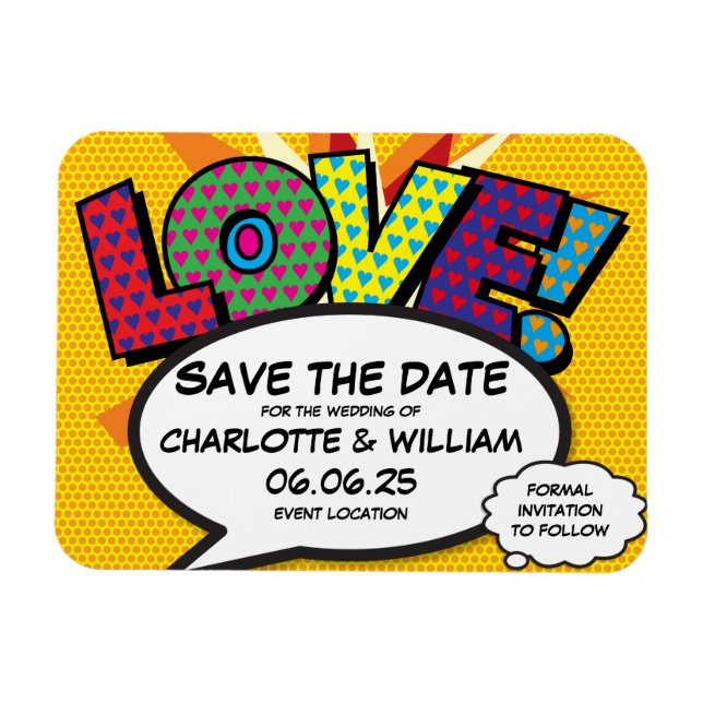 LOVE Save the Date Fun Retro Comic Book Pop Art Magnet (Horizontal)