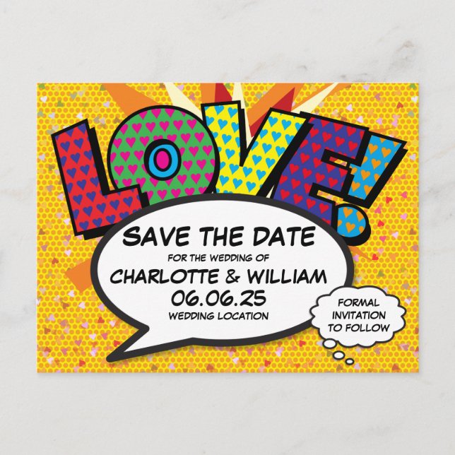LOVE Save the Date Fun Retro Comic Book Pop Art Postcard (Front)