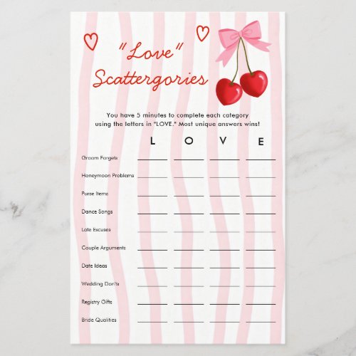 Love Scattegories Cherry Bow Bridal Shower Game
