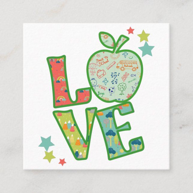 Love School Apple, Drawn Back to School Square Business Card (Front)
