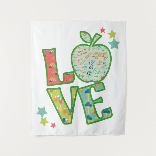 Love School Apple, Drawn Back to School Tapestry (Front)