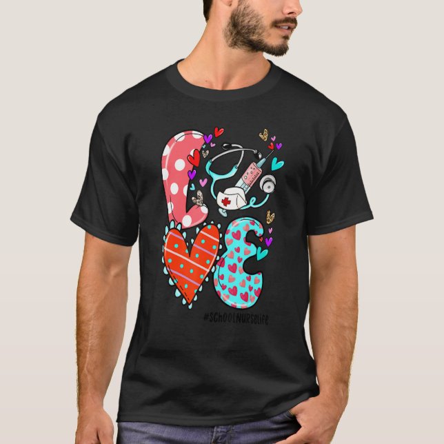 LOVE School Nurse Life Leopard Heart Valentine's D T-Shirt (Front)