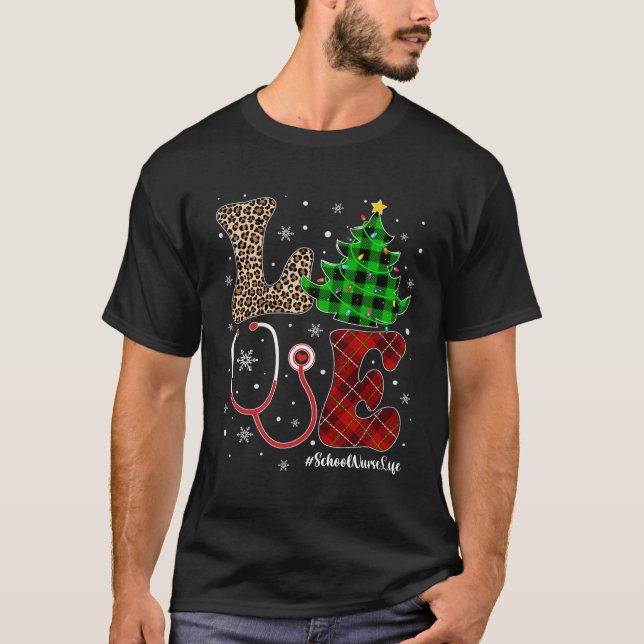 Love School Nurse Life Nurse Christmas Tree Buffal T-Shirt (Front)