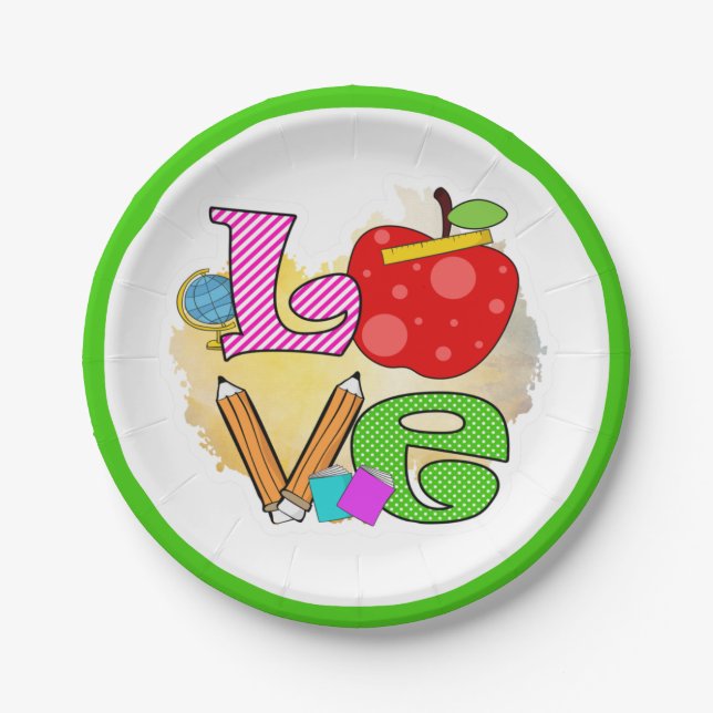 Love School Teacher Student Drawing Apple Pencils Paper Plates (Front)