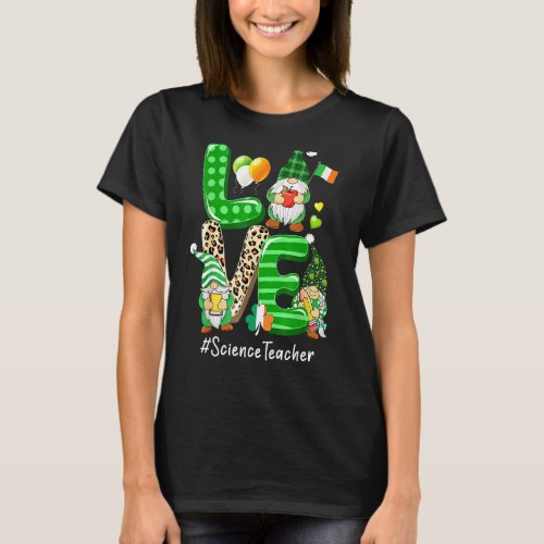 Love Science Teacher Gnome Leopard Shamrock St Pat T_Shirt