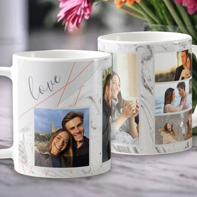 Love Script - 5 Photo Collage on Grey White Marble Coffee Mug (Creator Uploaded)