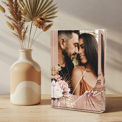 Love Script Boho Watercolor Floral Keepsake Arch Photo Block