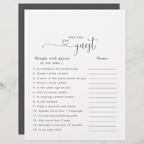 Love Script Bridal Shower Find the Guest Game