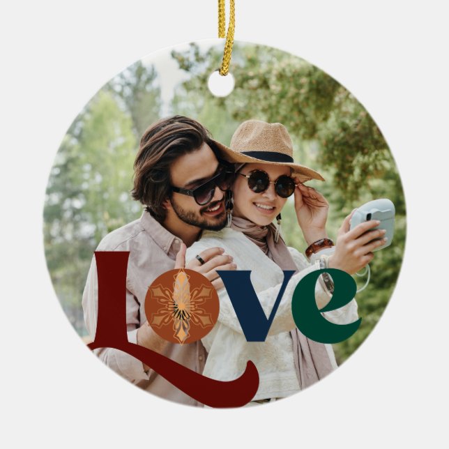 Love script couple photo first Christmas together  Ceramic Ornament (Front)