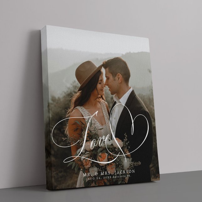 Love script elegant wedding photo faux canvas print (Creator Uploaded)