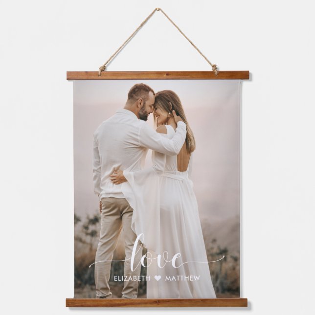 Love Script Handwritten Personalized Wedding Photo Hanging Tapestry (Front)
