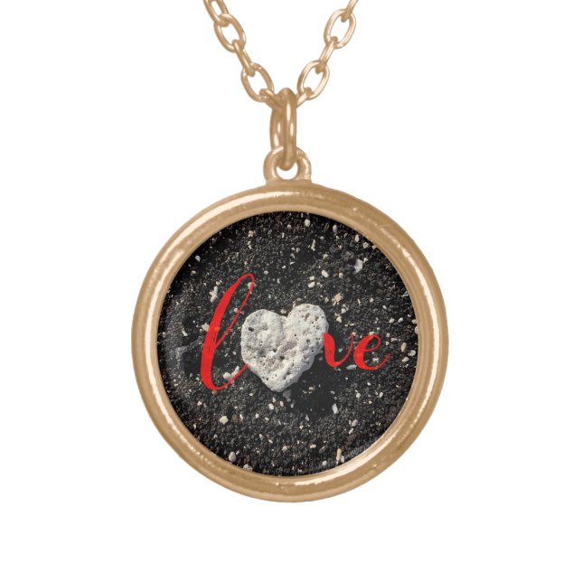Love Script Hawaii Black Sand Beach Heart Photo Gold Plated Necklace (Front)