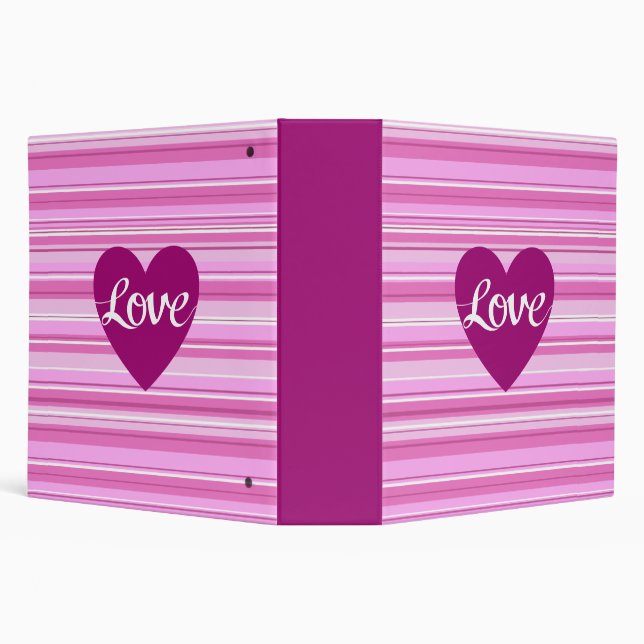 Love Script & Heart on Stripes Pinks White Plum 3 Ring Binder (Background)