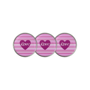 Love Script & Heart on Stripes Pinks White Plum Golf Ball Marker