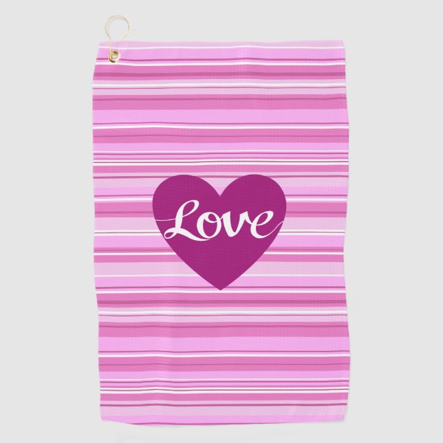 Love Script & Heart on Stripes Pinks White Plum Golf Towel (Front)