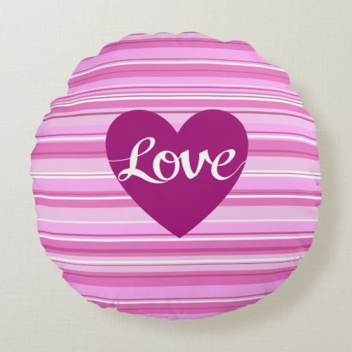 Love Script  Heart on Stripes Pinks White Plum Round Pillow