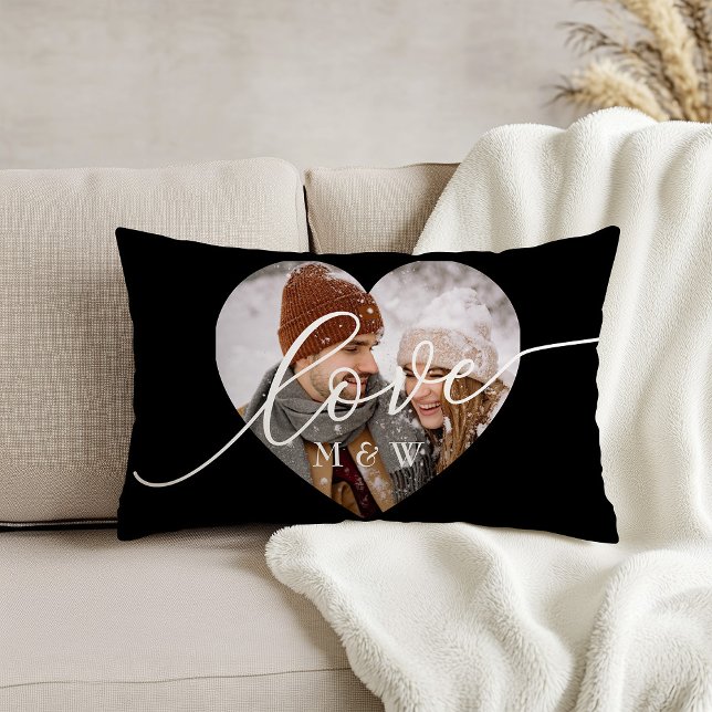 Love Script Heart Photo Black Lumbar Pillow (Creator Uploaded)