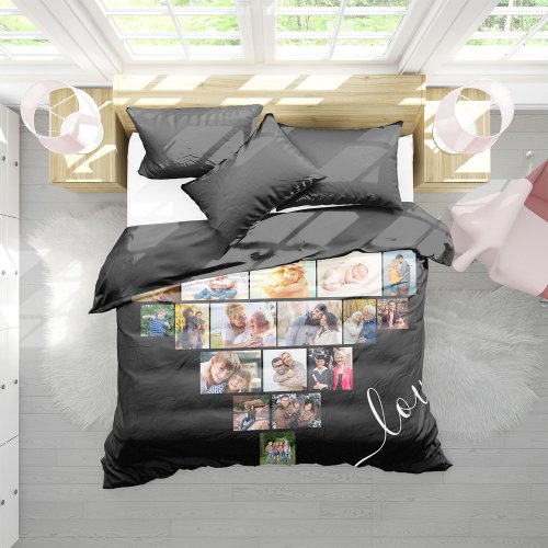 Love Script Heart Photo Collage Black Queen Size Duvet Cover