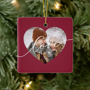 Love Script Heart Photo Red Ceramic Ornament