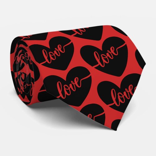 Love Script Heart Red Black Pattern Valentines Neck Tie