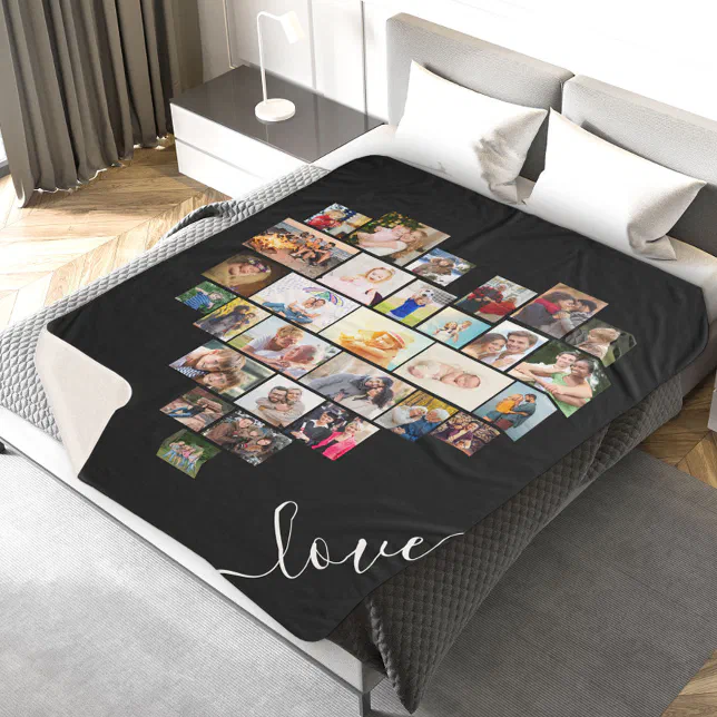Love Script Heart Shaped Photo Collage Black Sherpa Blanket
