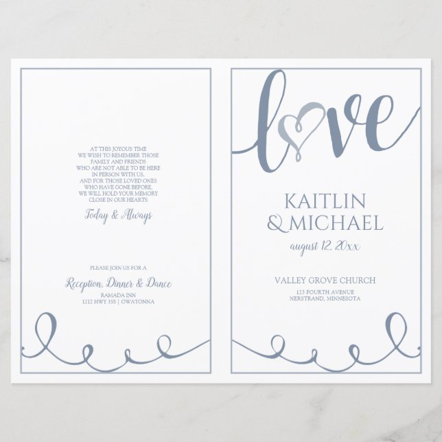 Love Script Heart Wedding Programs Dusty Blue (Front)