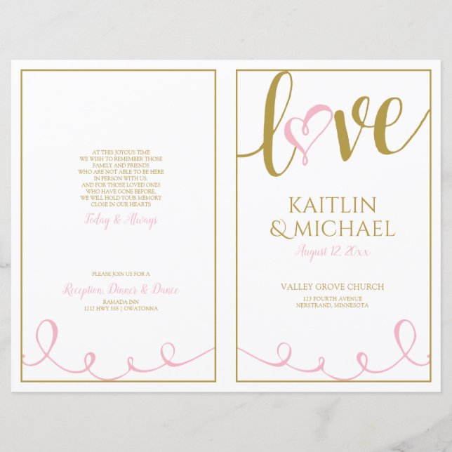 Love Script Heart Wedding Programs Pink & Gold (Front)