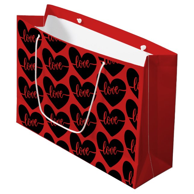 Love Script Hearts Red Black Pattern Valentine's Large Gift Bag (Front Angled)