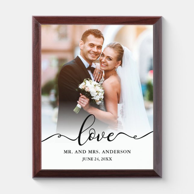 Love Script Mr. and Mrs. Wedding Photo Plaque (Vertical)