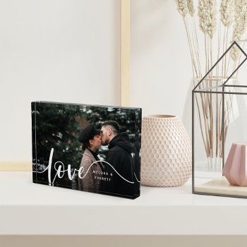 Love Script Overlay Couples Personalized Photo Block by RedwoodAndVine at Zazzle
