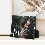 Love Script Overlay Couples Personalized Photo Plaque<br><div class="desc">Create a sweet keepsake of your wedding,  honeymoon or special moment with this beautiful custom plaque that's perfect for couples. Add a favorite horizontal photo,  with "love" aligned at the left in elegant white script lettering,  and your names tucked into the design.</div>