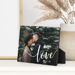 Love Script Overlay Couples Personalized Photo Plaque<br><div class="desc">Create a sweet keepsake of your wedding,  honeymoon or special moment with this beautiful custom plaque that's perfect for couples. Add a favorite horizontal photo,  with "love" aligned at the right in elegant white script lettering,  and your initials beneath.</div>