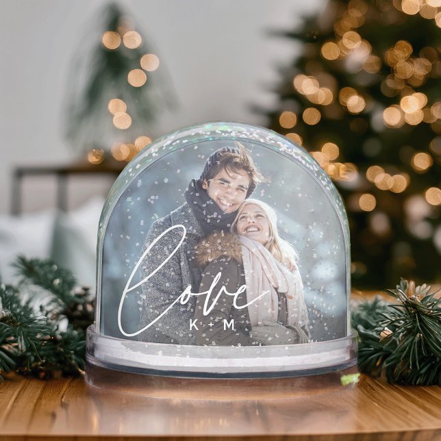 Love Script Overlay Couples Photo & Initials Snow Globe (Creator Uploaded)