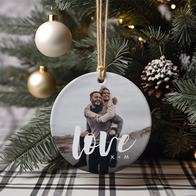 Love Script Overlay Personalized Couples Photo Ceramic Ornament (Creator Uploaded)