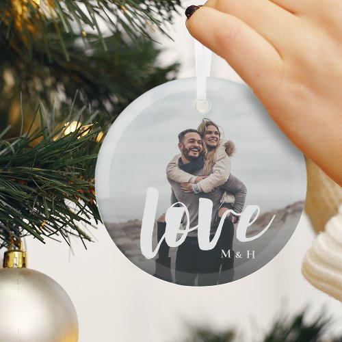 Love Script Overlay Personalized Couples Photo Glass Ornament